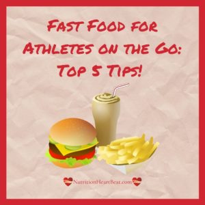 Cartoon of a burger, milkshake and fries. Text indicating that it's a blog on choosing healthy fast food options for athletes.