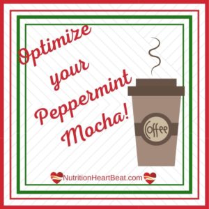 A graphic of a takeout coffee cup with text saying “optimize your peppermint mocha” on a background of red and green stripes.