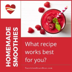 Red background with white text reading homemade smoothies what recipe works best for you with a picture of a red smoothie with raspberries and mint on top.