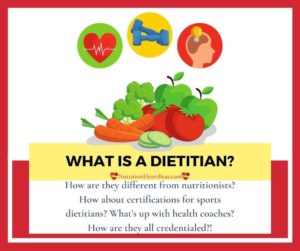 Text that says “What is a dietitian?” and graphics of a heart, hand weights, a person with an idea, and fruit and vegetables on a plate.