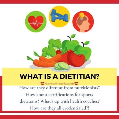 Text that says “What is a dietitian?” and graphics of a heart, hand weights, a person with an idea, and fruit and vegetables on a plate.