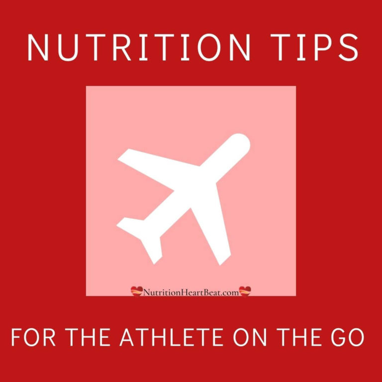 Graphic of an airliner plane flying up over a pink square embedded in a red square with text that reads "Nutrition Tips for the Athlete On The Go."