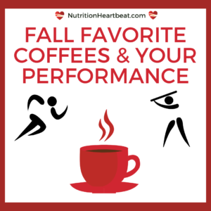 Red text on a white background that reads "Fall favorite coffees and your sports performance." Below the text are two stylized icons for different sports, one runner and one baseball or softball player. Below that, centered near the bottom, is a red cup of coffee with stylized steam rising from the hot drink.