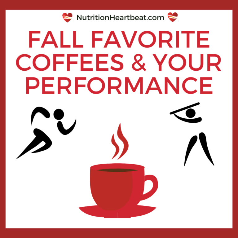 Red text on a white background that reads "Fall favorite coffees and your sports performance." Below the text are two stylized icons for different sports, one runner and one baseball or softball player. Below that, centered near the bottom, is a red cup of coffee with stylized steam rising from the hot drink.