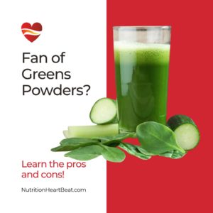 A photo of a green drink with spinach, celery and cucumbers around the bottom and text offering more information on the pros and cons of real fruits and veggies compared to mixed greens powder. 