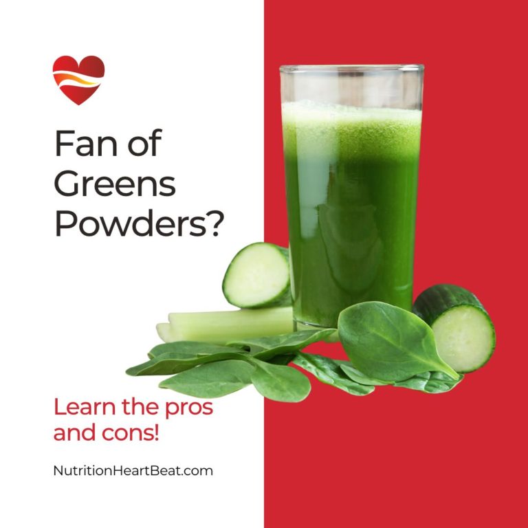 A photo of a green drink with spinach, celery and cucumbers around the bottom and text offering more information on the pros and cons of real fruits and veggies compared to mixed greens powder.