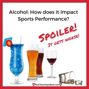 Several alcoholic beverage glasses, some with colored drinks, and text indicating that ethanol only decreases an athlete's ability to do their sport.