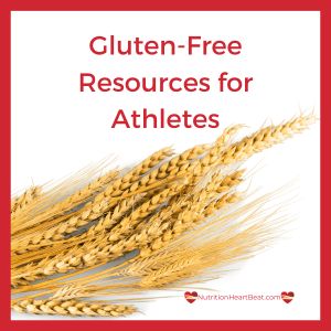 A small graphic with a red border, red text reading Gluten Free Resources for Athletes, and a bundle of grain stalks. People who train and compete can have celiac disease and these resources help with management.